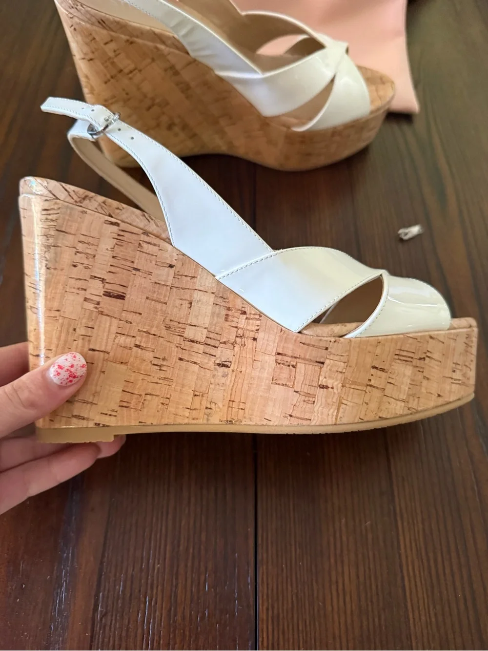 Stuart Weitzman White Patent Leather Carmen Wedge Sandals - Picture 10 of 11